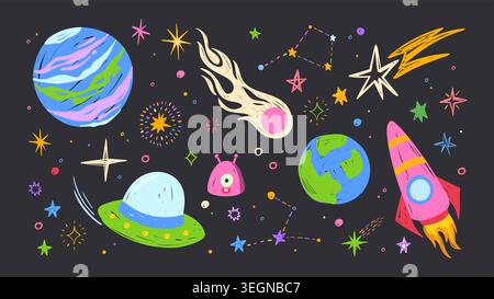 Color chalk pattern with planets and space rockets on black background. Vector cartoon illustration of crayon doodle stars, Earth, alien spacecraft, comets flying with burning tails, kid galaxy design Stock Vector