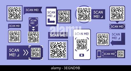 QR code scanner icon with phone frame for mobile payment, set of vector illustrations. Modern barcode reader sticker design for digital commerce and scan me store discount labels Stock Vector