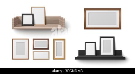 Realistic wooden shelf with empty frames mockup, vector illustrations. Product display elements, home white wall decor or retail exhibition with blank picture borders. 3D furniture with wood texture Stock Vector