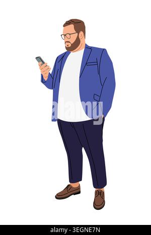 Plus size Man stands confidently holding a phone Stock Vector
