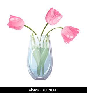 Bouquet of pink tulips in a glass vase Stock Vector