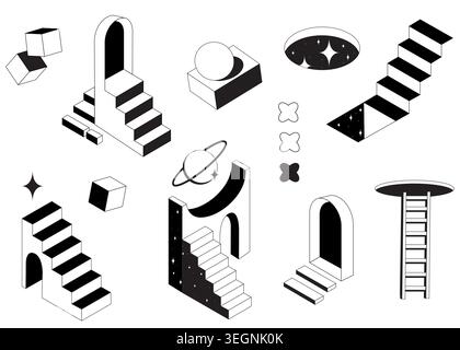 Surreal 3D doors with impossible geometric stairs and ladder, black vector icons isolated on white background. Abstract illusion portals in retro psychedelic style with strange shapes and perspective Stock Vector