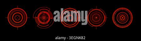 Futuristic HUD target interface with circular radar display, abstract vector set of icons isolated on black background. High-tech neon red graphic elements for sci-fi games, military system Stock Vector