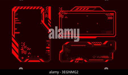 Futuristic red HUD frames set isolated on black background. Vector realistic illustration of neon tech elements for sci fi interface, digital borders, holographic displays, cyberpunk game UI borders Stock Vector