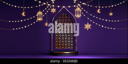 Round podium and elegant Islamic arch with golden lights on purple background. Vector realistic illustration of traditional religious ornament for Ramadan greeting card with crescent moon and stars Stock Vector