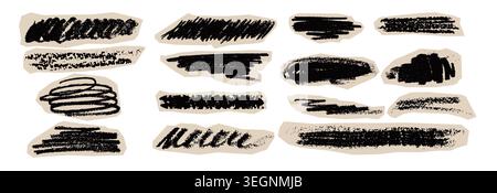 Black crayon scribbles set isolated on white background. Vector realistic illustration of hand drawn charcoal doodles with chalk texture, abstract marker strokes, grunge pattern, modern graphic design Stock Vector