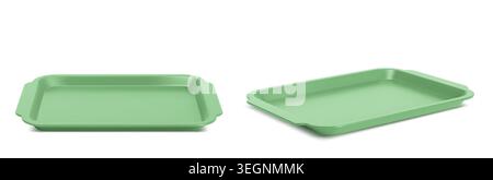 Empty plastic lunch tray with handles for cafeteria meals, angle side view, 3D realistic vector illustration isolated on white background. Green isometric mockup for fast food service design Stock Vector