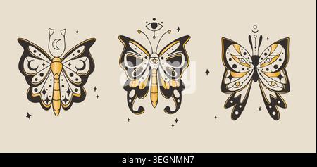 Celestial moth and butterfly set with moon, star, eye icons isolated on background. Vector illustration of mystical black golden doodle insects decorated with esoteric signs, tarot card design element Stock Vector