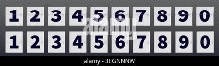 Mechanical flip clock numbers, countdown timer digits, 3d realistic vector illustration isolated on transparent background. White retro scoreboard panels showing time, classic airport style font Stock Vector