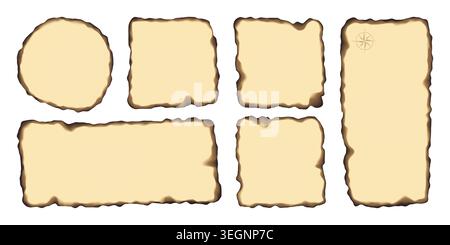 Burnt beige paper with fired edge, corner effect. Flame damaged vector page, old parchment round border with torn black ripped texture. Realistic ash Stock Vector