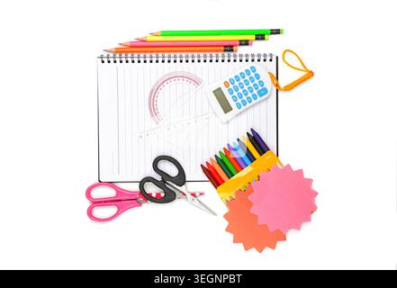 Set of school supplies isolated on white background. Stock Photo