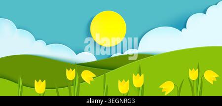 Spring paper cut landscape with grass and hills, flowers and sky, vector background. Origami style garden scene with yellow tulips, white clouds, and sun above green meadow backdrop Stock Vector
