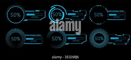 Modern hud interface with circular frame, progress bars and loading indicators, abstract vector icons. Futuristic dashboard elements with digital percentage displays, tech graphics for game ui design. Stock Vector