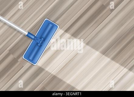 Realistic mop washing wooden tile floor. Vector realistic illustration of professional cleaning service banner design, home hygiene, interior surface shining after detergent, parquet polish care Stock Vector