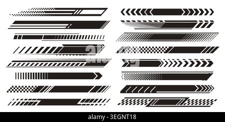 Dynamic black racing stripes with checkered pattern, bold motorsport graphics, vector illustrations isolated on white background. Car branding, speed design elements, and competitive sport visuals Stock Vector