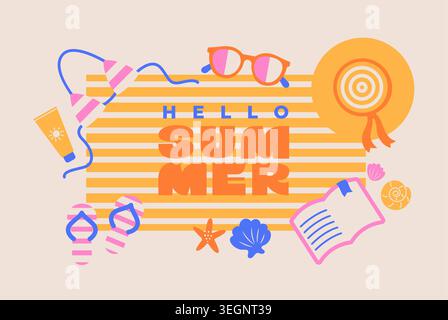 Greeting summer banner. Hot season holiday beach vibe. Top view on beach accessories beach umbrella, sunglasses, seashells and book. Summer positive vibe design for sales, posters, covers, ads. Vector Stock Vector