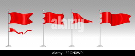 Realistic 3D red flag mockup on metal pole, vector illustration isolated on background. Plain waving banner template with fabric texture, triangle pennant design for advertising, promotional events Stock Vector
