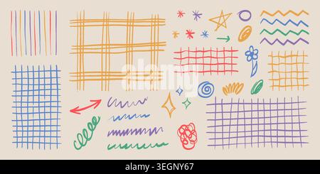 Playful doodles and color grid patterns set on paper background. Vector cartoon illustration of kid arrow, star, flower scribbles, crayon wave and zigzag lines, cute school banner design elements Stock Vector