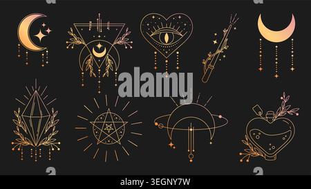 Mystical witchcraft doodle esoteric symbols with moon, crystals, love potion and heart with eye. Hand drawn magic icons, celestial stars, spiritual tarot elements in vintage boho style, floral pattern Stock Vector