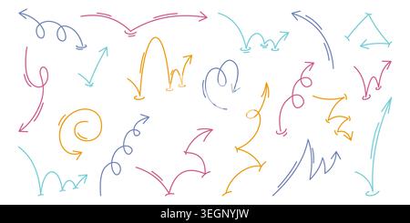 Dynamic arrow set with spiral trajectories and bounce curves, vector ball jumping icons with movement direction, rebound paths, color flowing lines on black background Stock Vector