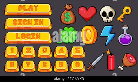 Pixel art game button collection of arcade item icons, 8 bit interface elements, gold key and coin, skull, heart and clover, retro videogame graphics for level design, ui cartoon vector illustrations Stock Vector