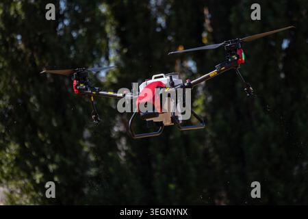 An agricultural spraying drone with a red body and white tank flies in front of a dark green forest background while dispersing liquid droplets from i Stock Photo
