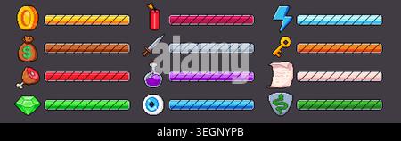 Pixel game bars set with asset icons isolated on black background. Vector illustration of gaming health gauge, retro energy, money and time meters for 8-bit videogame UI, game progress indicators Stock Vector