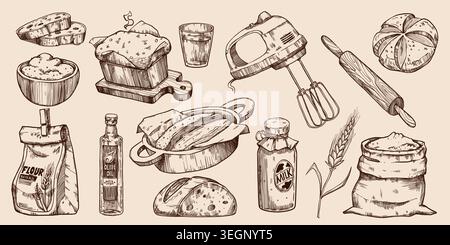 Hand drawn bakery sketch vector illustrations isolated on background. Flour bag and milk bottle, wheat spikelet with grains, bread loaf and rolling pin. Rustic vintage elements with sieve, recipe book Stock Vector