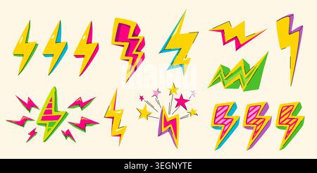 Retro groovy pop art lightning icons, battery charging sticker set , cartoon vector illustrations isolated on background. Vibrant energy flashes and sparks, light bolt outlines, vintage power symbols Stock Vector