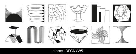 Y2K brutalist geometric icons set on white background. Vector illustration of abstract bold spiral, cube, cone shapes and patterns, design elements with optical illusions, retro futuristic symbols Stock Vector