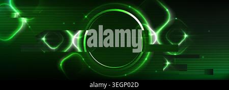 Neon green glowing ring with glitch effect on dark tech background. Vector abstract illustration of distorted circle with digital light, circular frame for game ui, futuristic lab energy portal design Stock Vector