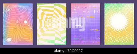 Psychedelic distorted patterns with groovy curvy lines and vibrant colors. Vector realistic set of abstract retro backgrounds with funky waves, futuristic wireframe design, pixel, glitch effect Stock Vector