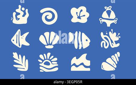 Set of abstract boho icons with sea elements. Vector illustration of summer beach stickers with wave, fish, shell, coral, bikini silhouettes, pattern for tropical resort, surf club banner design Stock Vector