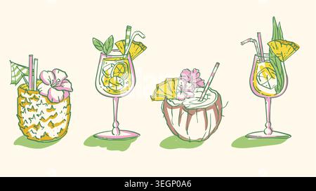 Tropical beach drinks collection in sketch style. Vector set of vintage cocktail illustrations with ice, pineapple slices, coconut and hibiscus flower decor, hand drawn alcohol beverages with umbrella Stock Vector
