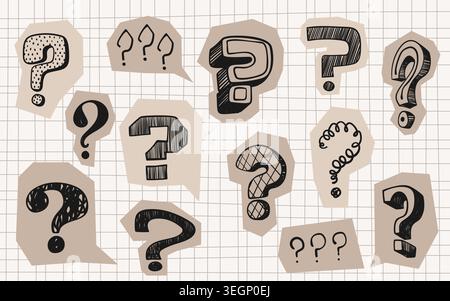 Scrapbook set of question marks on notebook page background. Vector illustration of paper cutout stickers with doodle signs drawn by black crayon or marker, sketch icons for collage Stock Vector