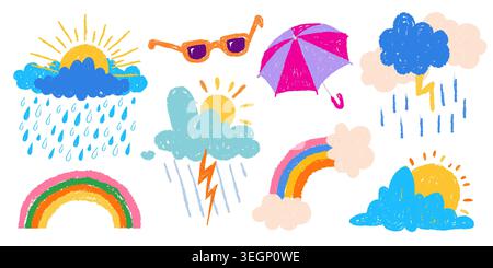 Color pastel weather icons set on white background. Vector cartoon illustration of hand drawn childish doodle sun, clouds, rain, rainbow and lightning, sunglasses and umbrella hand drawn baby designs Stock Vector