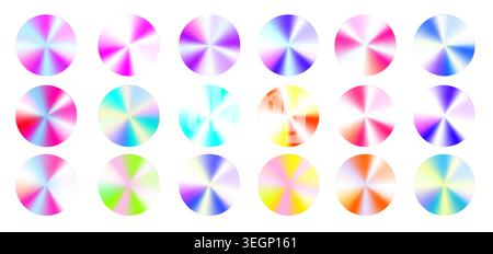 Round holographic sticker set with iridescent Y2K gradient effects isolated on white. Vector realistic illustration of foil labels with rainbow chrome textures, neon badge designs, quality emblems Stock Vector