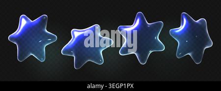 Transparent 3D glass star icons with holographic glossy effect, vector illustrations isolated on dark background. Realistic star bubble shapes with rainbow light refraction, liquid texture Stock Vector