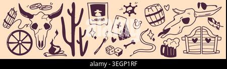 Doodle set of western cowboy elements. Vector set of vintage saloon entrance, sheriff star and wanted poster, playing cards and dice, money icons, cactus outline, hand drawn sketch country design Stock Vector