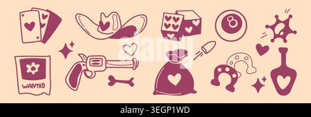 Doodle set of western girl cowboy elements. Vector set of vintage horseshoe, sheriff star, hat and dice with hearts, money sack icon, revolver with bullet outline, hand drawn sketch country design Stock Vector