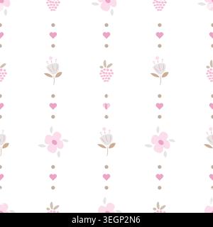 Fun Whimsy Stripes with berry, flowers and hearts seamless pattern. Vertical pink on white cute wallpaper striped Stock Vector
