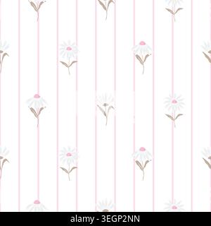 Rustic Kitchen Meadow chamomile Flowers and dotted stripes calm Vector Seamless Pattern. Cottagecore Garden Flowers print Stock Vector