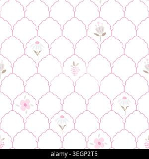 Vector coquette berry pink white scallop pattern. Summer seamless elegant rustic pattern. Perfect for wallpaper, wrapping paper, textile and Stock Vector