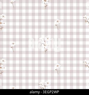 Gingham floral seamless pattern. Soft beige tartan plaid wallpaper. Retro tablecloth texture. Simple small checkered plaid pattern. Print for wrapping Stock Vector