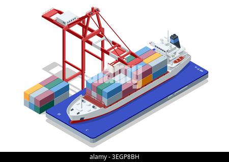 Isometric container port terminal with crane, cargo ship, rail track and truck lane. Marine freight transfer, export import handling and intermodal Stock Vector