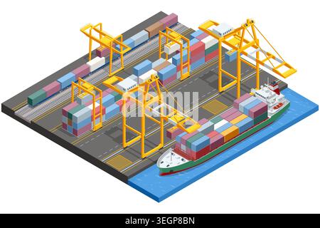 Isometric container port terminal with crane, cargo ship, rail track and truck lane. Marine freight transfer, export import handling and intermodal Stock Vector