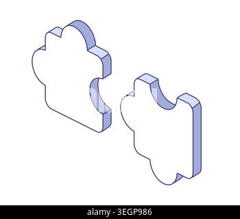Two matching puzzle pieces. Isometric line art vector illustration for teamwork, problem solving, partnerships, connections. Stock Vector