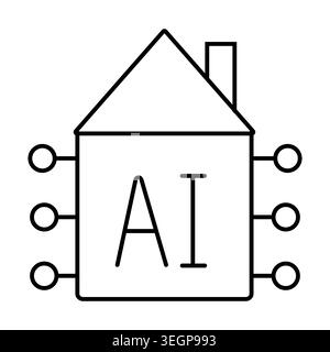 House icon with circuit lines and AI text. Vector line art illustration for smart home technology logo, AI powered house branding. Stock Vector