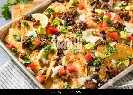 Homemade Mexican Beef Birria Nachos with Cheese Beans and Avocado Stock Photo