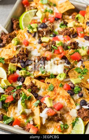 Homemade Mexican Beef Birria Nachos with Cheese Beans and Avocado Stock Photo